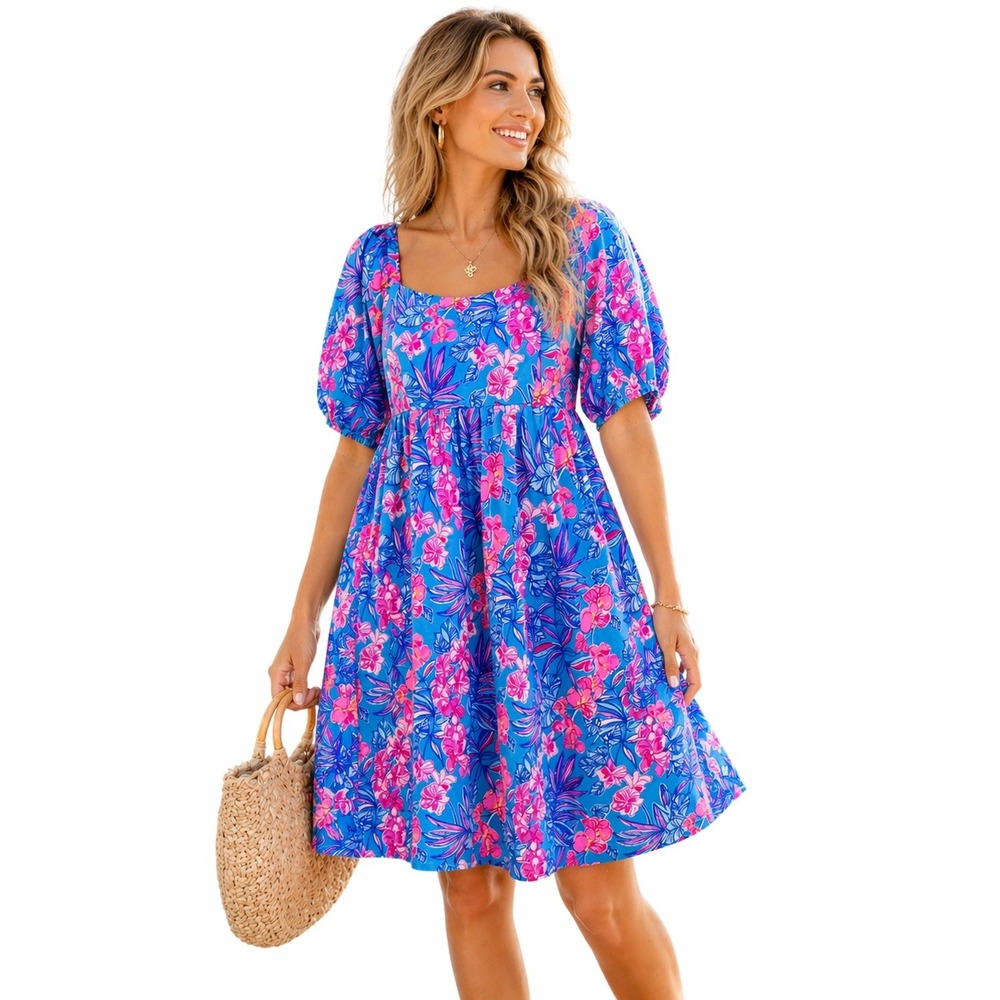Lilly Pulitzer Floral Cotton Dress Size 8 Blue Pink Tropical Puff Sleeve Resort